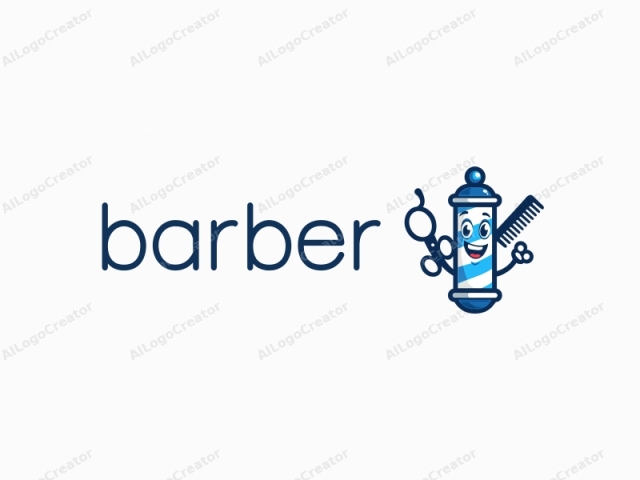 ein verspieltes Cartoon-Logo mit einem lächelnden Barbier-Säule, einem Paar Schere und Kamm, alle in einem lebendigen blau-weißen Farbschema. Das Design ist perfekt für Barbier-Logos, lustige Logos und Logos für Discord, das eine witzige, aber professionelle Stimmung vermittelt.