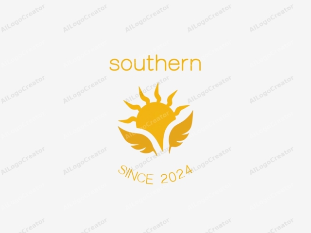 ein minimalistisches abstraktes Design mit einem stilisierten Sonnenstrahl und Palmenblättern in einer tropischen Farbpalette, perfekt für ein Southern-Logo. Die Sonne ist in strahlendem Gelb umrandet, ideal für ein abstraktes Logo. Die Palmenblätter, prominent im Zentrum platziert, machen es zu einem großartigen Logo für Food-Businesses.