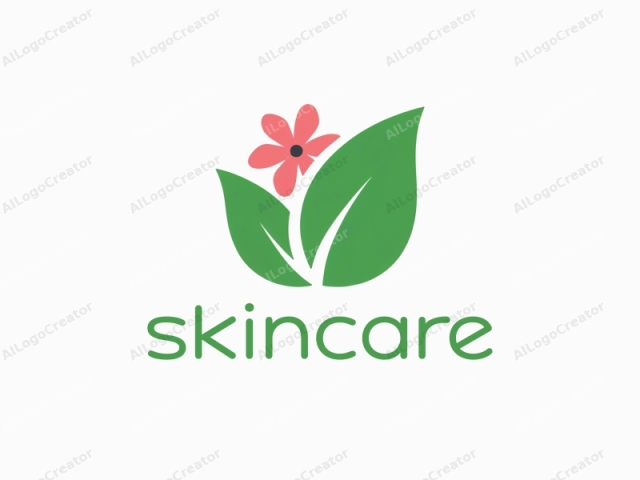 a minimalist green leaf intertwined with a pink blossom on a white background, creating a serene and elegant design. this logo is perfect for a skincare logo, exuding natural beauty and purity. the delicate pink blossom adds a touch of sophistication, making it ideal for a fashion logo. the clean lines and soothing colors make it a versatile logo for boutique.