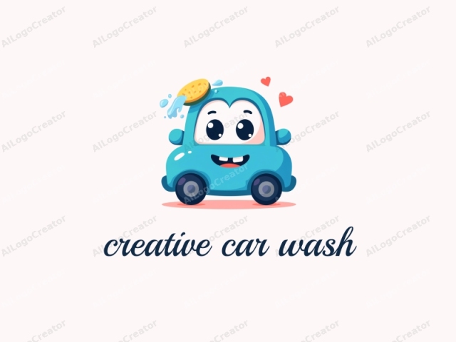 un lindo auto de dibujos animados con ojos grandes y una sonrisa, salpicando agua de una esponja, en un esquema de colores azul y blanco juguetón, ideal para un logotipo creativo de lavado de autos. El diseño es encantador y caprichoso, lo que lo hace perfecto para un logotipo lindo. Además, puede adaptarse para logotipos de servidores de Discord con un ambiente divertido y atractivo.