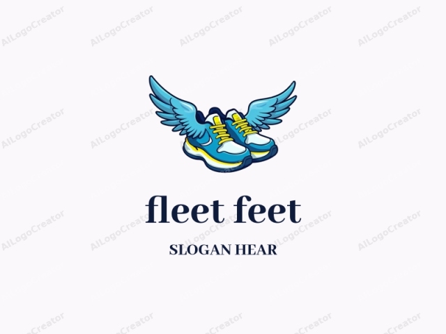 ein niedliches, karikaturhaftes Paar Turnschuhe mit Flügeln, verspielt und dynamisch, in leuchtendem Blau mit Akzenten von Neongrün, perfekt für ein Fleet Feet Logo. Das verspielte Design, das ein niedliches Logo zeigt, ist ideal für Logos für Twitch, das die Essenz von Lebendigkeit und Spaß einfängt.