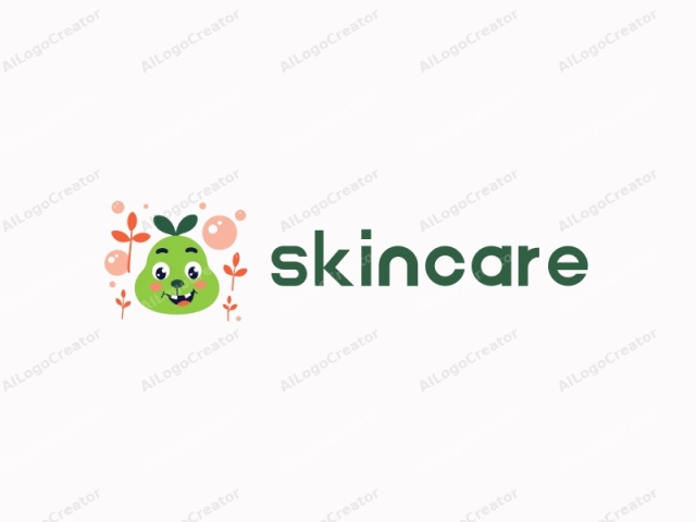 a playful cartoonish face with exaggerated features, surrounded by bubbles and small plants, in a vibrant green and pastel pink color scheme, making it a perfect skincare logo. the design is also ideal for a funny logo, with its whimsical and humorous elements. additionally, it serves as a great logo for website, with its lively and engaging aesthetic.