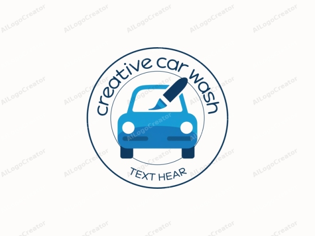 un auto simplificado con un pincel en su parabrisas, coloreado en tonos de azul y blanco, simbolizando la creatividad. este diseño es perfecto para un logotipo de lavado de autos creativo, ofreciendo una estética limpia y moderna. el enfoque minimalista lo hace ideal para logotipos simplificados, mientras que el esquema de colores versátil asegura que también puede servir como logotipo para un blog.