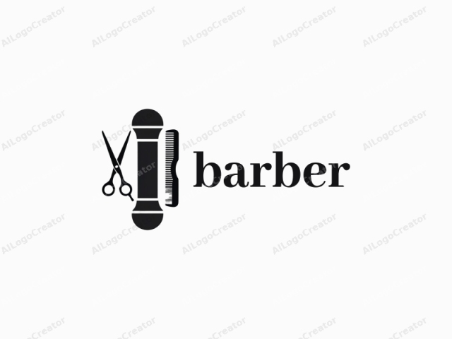 ein minimalistischer Barbier-Stab mit einer Schere und einem Kamm, alle in einem schlanken Schwarz-Weiß-Farbschema, das zu einem eleganten Barbier-Logo führt. Die vereinfachten Logos zeichnen sich durch saubere Linien und minimale Details aus, perfekt für ein Logo für Networking.