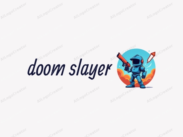 ein lebhafter cartoonartiger Ritter in einem futuristischen Anzug, der eine komisch übergroße Plasmakanone in der Hand hält, vor einem lebhaften blau-orangefarbenen Hintergrund. Dieses Design ist perfekt für ein Doom Slayer Logo, fügt dem Logo einen Hauch von Humor hinzu und kann nahtlos in ein Logo für eine Website integriert werden.