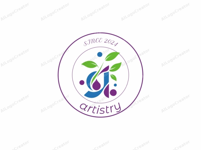 The image is a minimalist logo featuring a stylized, abstract design. The main elements are green and blue shapes with smooth, clean lines. In the center, there's a stylized green leaf with three distinct, rounded lobes, positioned slightly