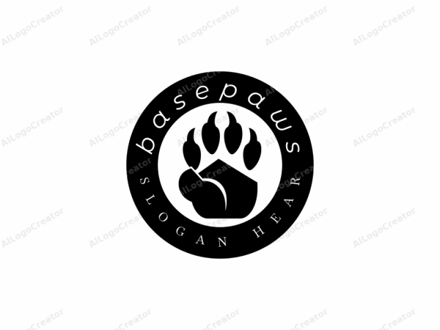 in the style of an animal paw, depicting a stylized, black paw print on a white background. This is a minimalist logo, characterized by its simple, clean lines and bold, contrasting black and white colors. The paw print is designed in a