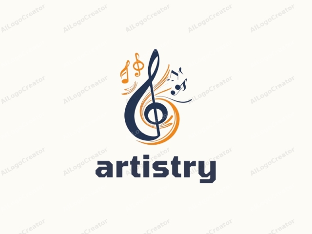 featuring a stylized music note and symbol. The image is a minimalist, digital drawing with clean lines and bold colors. Central to the composition is a large, bold treble clef symbol in dark blue, with its characteristic curved line and vertical line