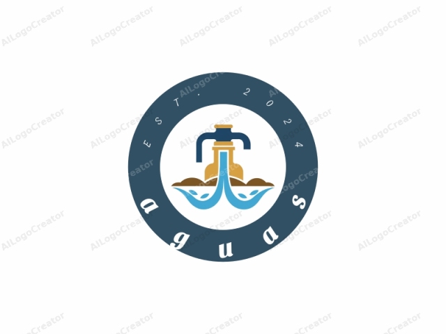 Dies ist ein digitales Logo, das in einem einfachen, minimalistischen Stil gestaltet ist und das Konzept der Wasserfiltrierung darstellt. Das Logo zeigt eine stilisierte, flache Darstellung eines Wasserfiltriersystems. Das Hauptelement ist ein großer, blauer Wasserhahn mit einem zylindrischen Körper und