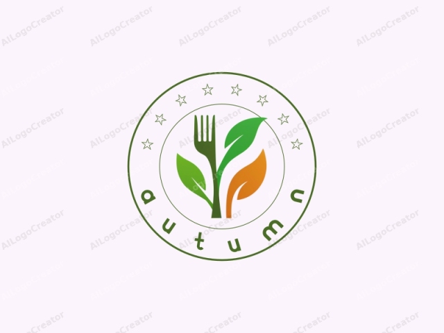 This logo features a minimalist and modern design, depicting a combination of a fork and three leaves in a stylized manner. The fork is rendered in a dark green color with a smooth, sleek outline, and its tines are slightly separated for clarity