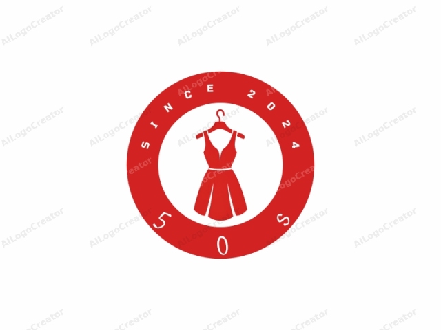 Esta imagen de logotipo muestra un vestido rojo brillante sin mangas colgando en un colgador de ropa metálico simple sobre un fondo blanco puro. El vestido tiene un escote profundo en V, un torso ajustado y una falda acampanada que termina justo por encima de la rodilla.