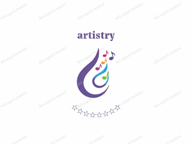 The image is a digital logo consisting of smooth, abstract, stylized curves and musical notes. The primary color is purple, with additional hues of blue, green, pink, and yellow in the background. The logo features a curved, flowing design