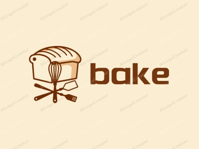 Este es un dibujo digital minimalista de un emblema de panadería que presenta una barra de pan estilizada como motivo central. La barra de pan se representa en un tono marrón, que simboliza el pan horneado. La forma de la barra es simple y rectangular con una ligera curva.