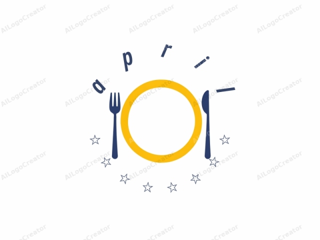 Este es un logotipo minimalista que representa un juego de comedor. La imagen está centrada en un fondo blanco y presenta un diseño simple y plano sin texturas ni sombreado. Los elementos principales incluyen un plato circular amarillo, un tenedor azul a la izquierda y un