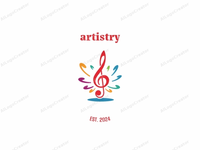 a colorful, stylized illustration of a musical note set against a white background. The note, prominently depicted in the center, is a treble clef, commonly associated with music, drawn in bold red. Surrounding the treble clef