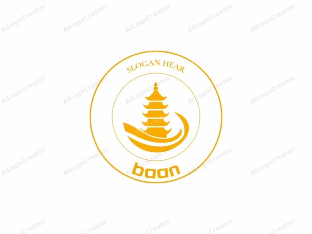 focusing on visual elements. This image is a vector graphic logo featuring a stylized depiction of a traditional Asian temple or pagoda. The main structure is represented in a bright, vivid orange-yellow hue on a stark white background. The pagoda rises