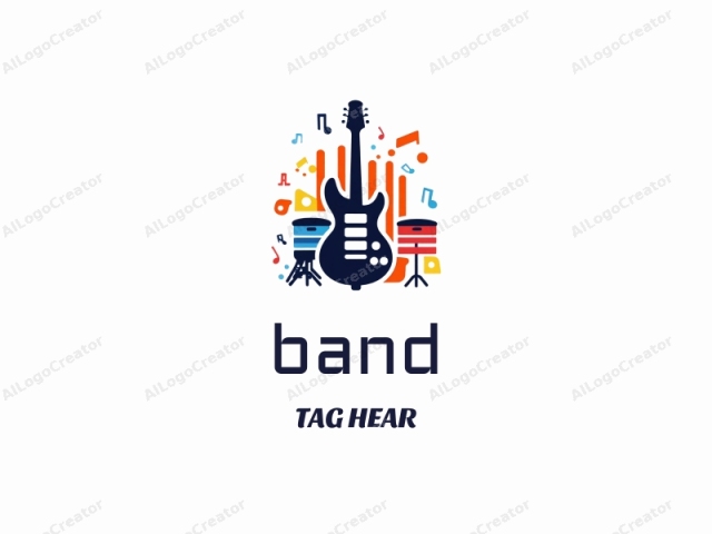 Dies ist eine farbenfrohe digitale Logo-Illustration mit einer stilisierten E-Gitarre. Die Gitarre, in einer soliden schwarzen Silhouette dargestellt, ist zentriert und erstreckt sich von oben nach unten, wobei ihr Körper und Hals deutlich abgegrenzt sind. Um die Gitarre herum befindet sich eine lebendige