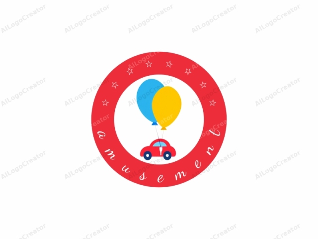 Esta ilustración minimalista y de estilo plano presenta tres globos coloridos unidos a un pequeño coche rojo. El coche, posicionado en el centro, está representado con formas simples y en bloque, sin detalles intrincados ni sombreado. Su carrocería es de un sólido color rojo, mientras que sus