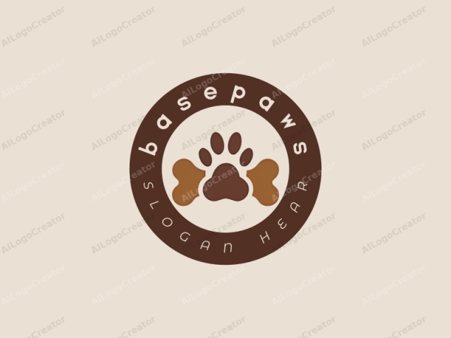 This logo consists of a minimalist, abstract design featuring two bone shapes and a paw print. The bone shapes are positioned symmetrically on either side of the central paw print, forming a cohesive, balanced composition. The bones are rendered in a medium brown