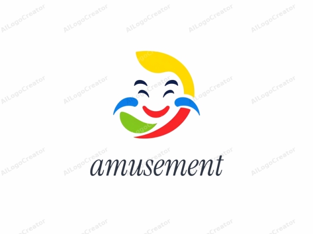 Este es un diseño de logotipo simplificado y abstracto que presenta una cara alegre y expresiva. La cara está compuesta por dos grandes arcos superpuestos que forman la cabeza y la boca. El arco superior es de un amarillo brillante y representa la frente, mientras que el arco inferior es