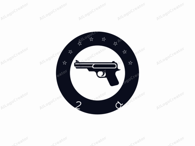This logo is a minimalist, black and white silhouette of a handgun, rendered in a clean, vector graphic style. The handgun is positioned centrally against a stark white background, creating a high contrast that makes the design stand out clearly. The weapon is