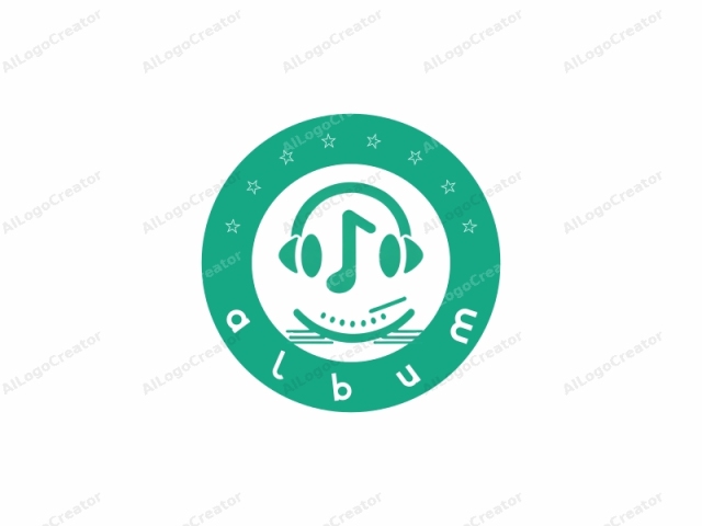 The logo features a simplified, stylized face with a minimalist design, primarily in a teal-green color. Central to the composition is a large, curved headband, representing headphones, covering the face and encircling a small, stylized face