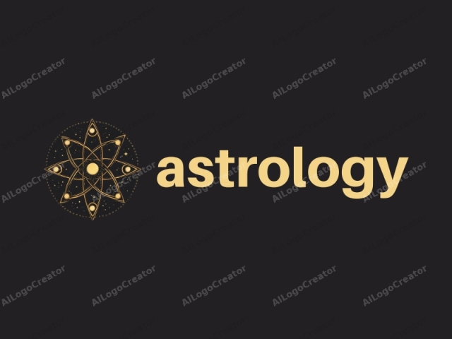 in the style of a digital illustration. This is an intricate and symmetrical emblem featuring a star-like central figure with six pointed arms radiating outward. The design is created using a combination of gold and black lines against a solid black background, enhancing the