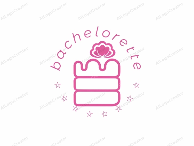 Dieses minimalistische Logo zeigt ein stilisiertes, zweistöckiges Kuchen-Icon. Das gesamte Logo ist in einer dicken, durchgehenden, hellrosa Linie vor einem einfachen weißen Hintergrund gezeichnet. Die Kuchenteile sind in einer abstrakten, vereinfachten Form mit runden, glatten Kanten dargestellt.