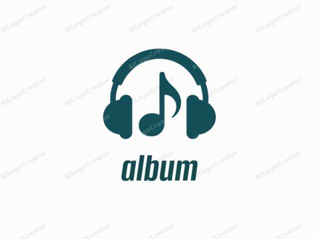 This is a minimalist logo design, featuring a teal blue icon of a pair of over-ear headphones with a stylized musical note in the middle of the left earpiece. The headphones are depicted in a simplified, flat style, without any intricate