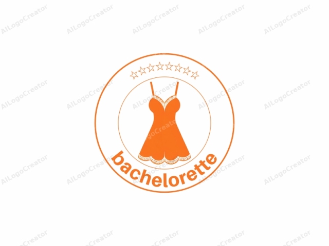 Ein minimalistisches und abstraktes Design. Dieses Logo-Bild ist eine flache Vektorillustration eines ärmellosen, orangefarbenen Kleides mit einem Rundhalsausschnitt. Das Kleid hat dünne Träger und ist mit einer Spitzenverzierung entlang des Ausschnitts und des Saums verziert. Das Spitzenmuster