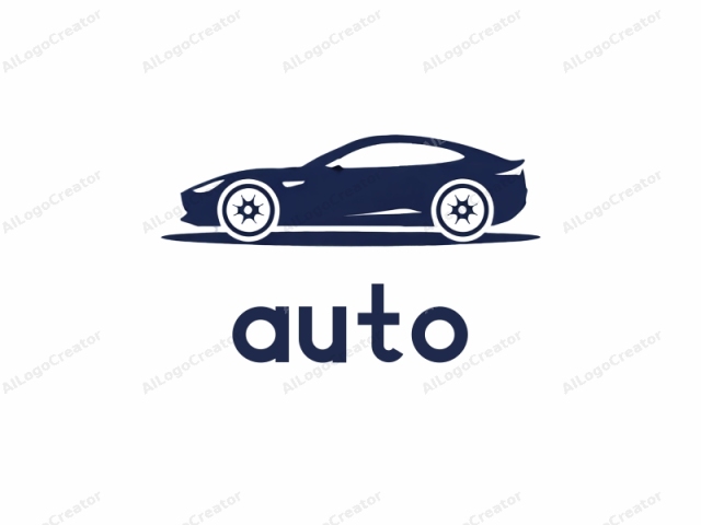 This image is a minimalist, digital drawing of a car, depicted in a silhouette style. The car is portrayed side view, facing left, with a sleek, aerodynamic design. It is rendered in a solid dark blue color on a stark white