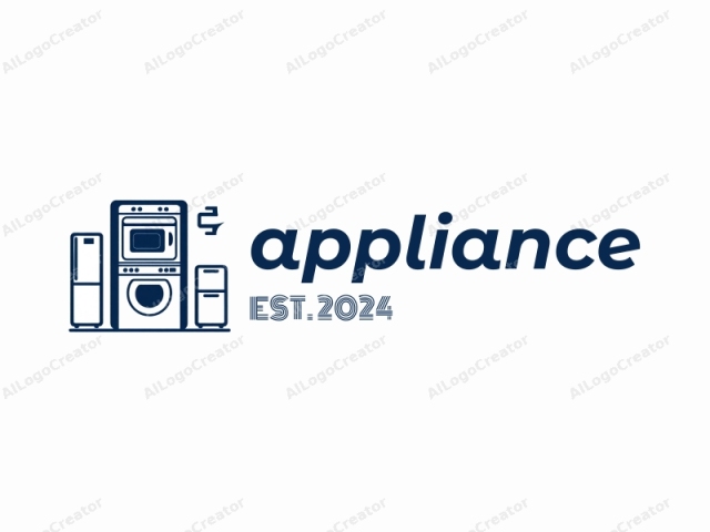 This image is a black and white logo-style drawing depicting a compact household appliance setup consisting of a side-by-side refrigerator and freezer unit positioned on the left, a washer and dryer set in the center, and a separate upright freezer on the right.