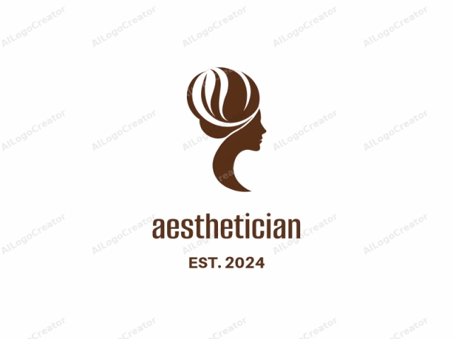 con un diseño minimalista y abstracto. El logo es una representación estilizada y monocromática de la cabeza y el cabello de una mujer, representada en un rico color marrón oscuro sobre un fondo blanco puro. El diseño es simple pero elegante, centrándose en la limpieza