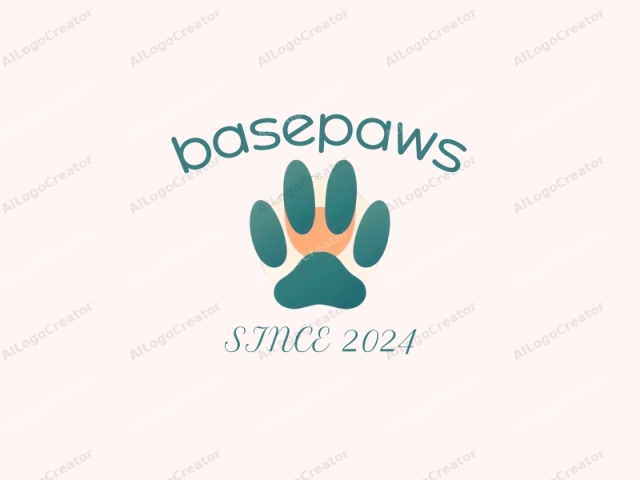 a stylized paw. This logo features a minimalist design with clean, smooth lines and a limited color palette. Central to the image is a paw print, depicted in a teal green hue with an oval-shaped inner pad and four toe pads extending outward