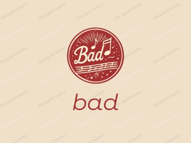 This is a stylized circular logo, prominently featuring the word "BAD" in large, bold, cursive script in the center of the circle. The background of the circle is a deep red, providing a striking contrast to the light beige background