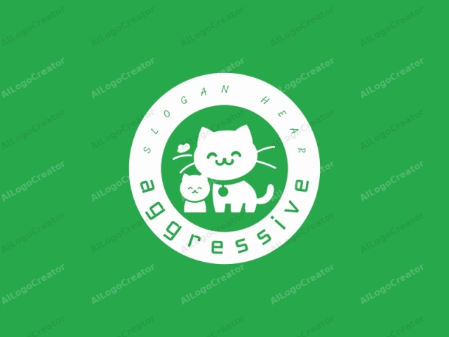 a stylized cat and kitten. The image features a minimalist, cartoonish design in a green background. Central to the composition is a large, white cat with a happy expression and closed eyes, depicted with simple, curved lines and a few small