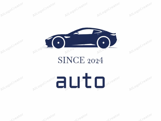 The image is a minimalist, abstract representation of a sports car, depicted in a dark navy blue silhouette against a stark white background. The car is shown from the side view, showcasing a sleek and aerodynamic design typical of high-performance vehicles. The