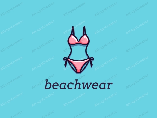 Dies ist eine digitale Illustration, die ein vereinfachtes, modernes und stilisiertes Design eines pinken Bikinis vor einem einfarbigen hellblauen Hintergrund zeigt. Der Bikini besteht aus einem BHs und einer Unterhose, wobei jedes Teil mit schwarzen Linien umrandet ist. Der BH hat dünne