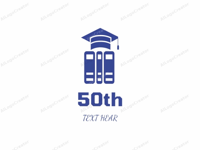 This is a minimalist digital drawing in blue. The image features a stylized depiction of a graduation cap with a wide brim and a tassel, placed atop a stack of three books. The graduation cap is centered at the top of the composition