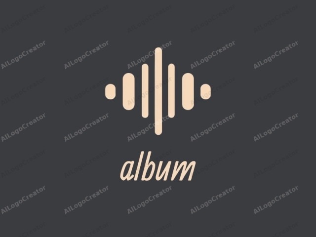 This image features a minimalist logo with a modern, sleek design. The logo is centrally positioned against a dark gray background. It consists of a symmetrical pattern resembling sound waves, which are depicted with five short horizontal lines of varying lengths. The lines