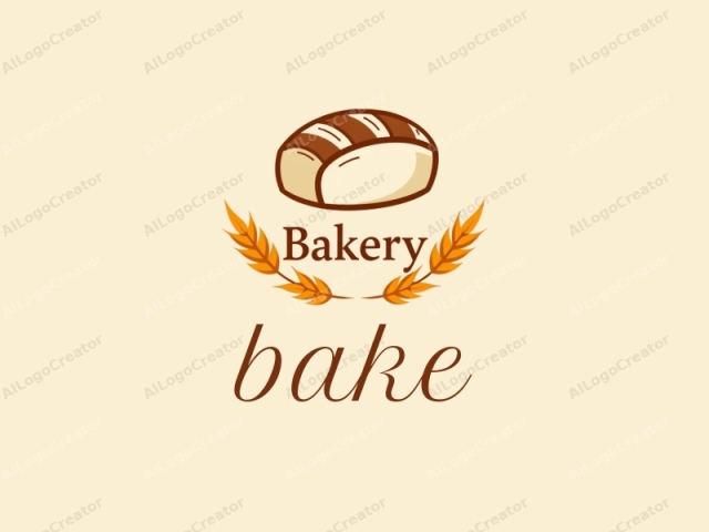 This is a digital drawing of a stylized bakery logo. The design features a loaf of bread as the central subject. The bread, rendered in brown and beige tones, is depicted with rounded edges and horizontal dark brown stripes indicating its texture. The