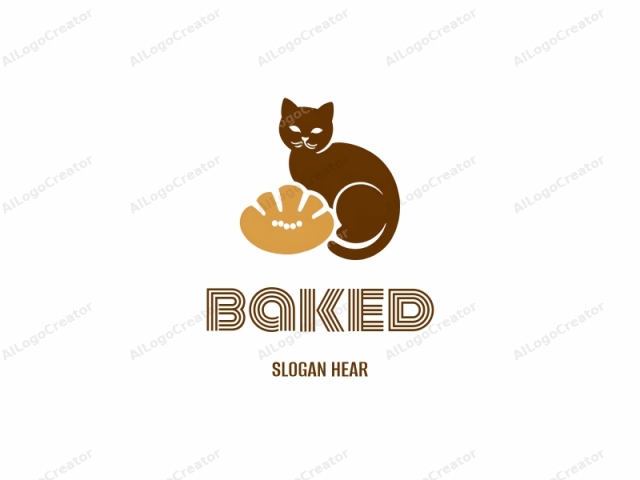 a stylized, minimalist drawing in a monochrome color scheme. The logo features a dark brown silhouette of a cat, sitting with its tail curled around its body, facing to the left. Positioned slightly behind and to the left of the cat is