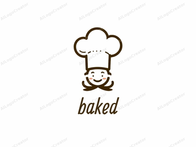 que es un dibujo minimalista y estilizado de un chef. El dibujo está creado en un estilo de arte lineal moderno y limpio con una paleta de colores única. La cara del chef está simplificada con una boca redonda y sonriente y dos pequeñas curvas hacia arriba