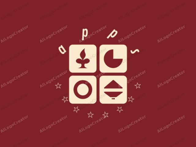 featuring geometric shapes in a minimalist design. The logo consists of four square elements arranged in a 2x2 grid against a rich burgundy background. Each square is filled with a distinct shape, all rendered in a light beige color, providing high contrast