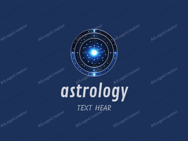 This is a digital logo featuring a cosmic, circular design set against a deep navy blue background. At the center, there is a luminous sphere that emits a bright, glowing white light, resembling a star or a cosmic entity. Surrounding the