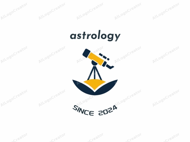 a telescopic logo. This logo is a simple, stylized representation of a telescope, designed in a minimalist, flat vector art style. The main object is a yellow telescope body with black details, perched atop a tripod base. The telescope