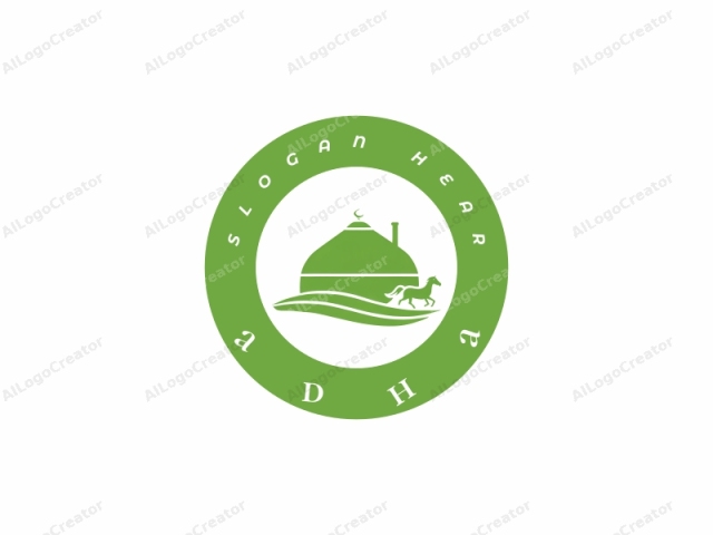 La imagen del logotipo es un gráfico vectorial simple y limpio, representado en un estilo minimalista. Presenta una representación estilizada de una yurta, una tienda tradicional redonda común en Asia Central, predominantemente representada en verde brillante. La yurta tiene una cúpula