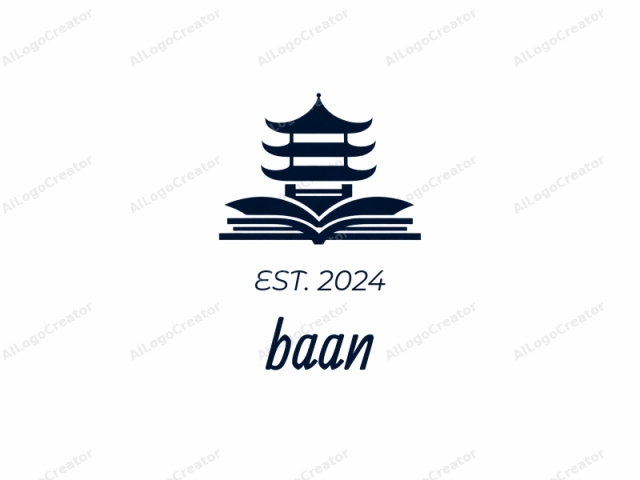 This is a minimalist, black and white logo illustration, depicting a stylized temple structure superimposed over an open book. The temple design, drawn in bold black lines, has three levels and a pointed roof, resembling traditional Chinese or Japanese temple