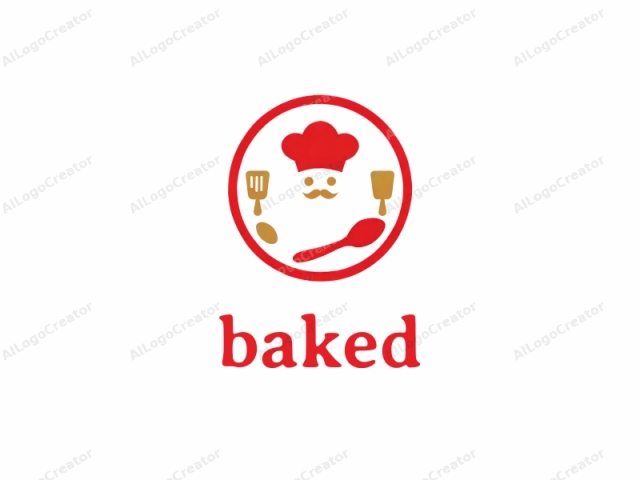 The logo is a circular design with a bold red border and a white interior. Central to the logo is a stylized chef's silhouette, portrayed in gold. The chef is depicted with a prominent red chef's hat, a small gold mustache
