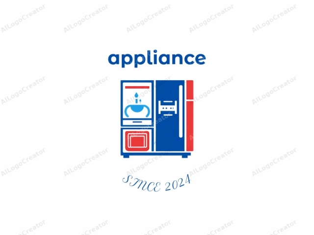 which is a simplified, stylized illustration of a dual-door refrigerator. The refrigerator is depicted in a clean, modern, and minimalist design, utilizing a limited color palette of blue, red, and white. The background is entirely white, emphasizing the